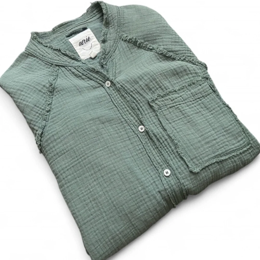 Aerie Olive Green Gauze Button Down Shirt – Size XS - Picture 3 of 7